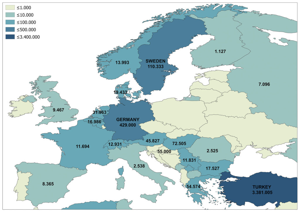 A color-coded map of Europe displaying various numbers in each country, likely representing some form of statistics or data.