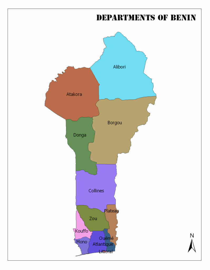 A color-coded map showing the departments of Benin, with department names labeled and a compass arrow indicating north.