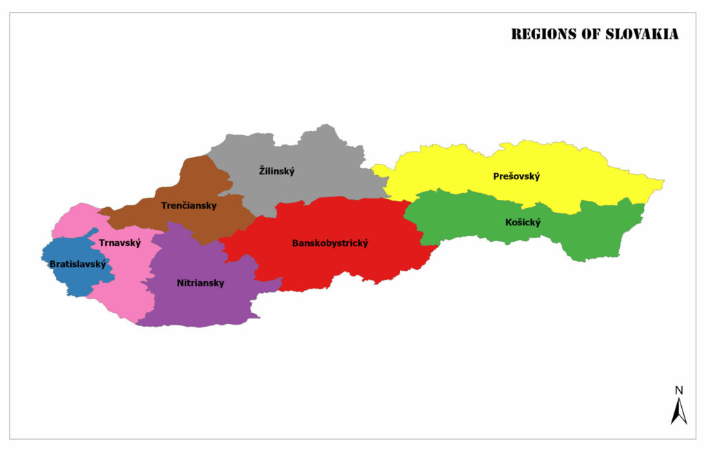 A color-coded map showing the regions of Slovakia with labels on each region.