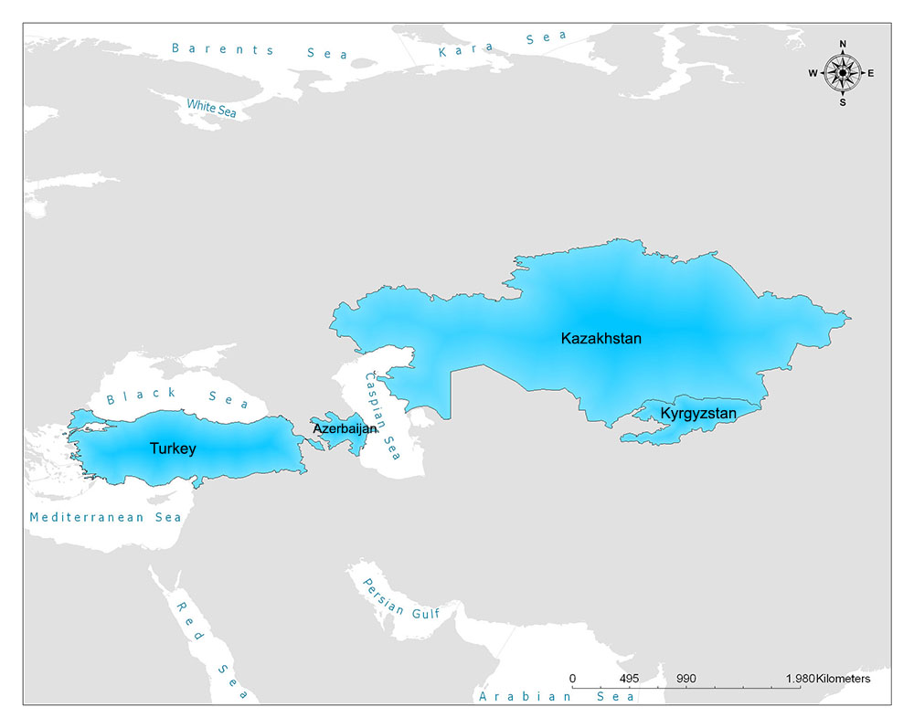 A map features Turkey, Kazakhstan, and Kyrgyzstan in blue, with other areas in white and grey.