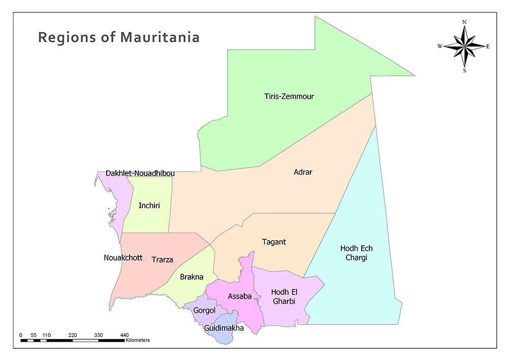 A color-coded map showing the regions of Mauritania with labels and a compass rose in the upper right corner.