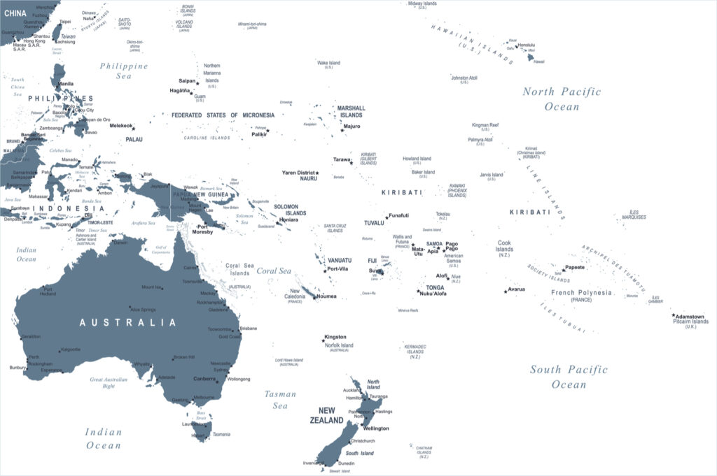 An image of a map showing Australia at the center with surrounding countries and bodies of water labeled in a minimalist style.