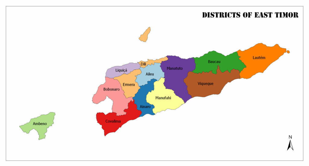 A color-coded map showing the districts of East Timor, with each district represented by a different color.