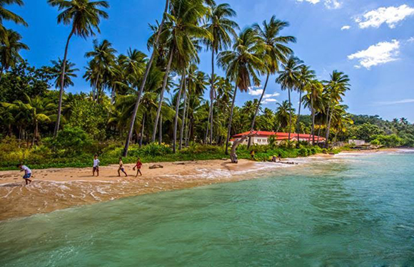 A tropical beach scene with people walking along the shore, palm trees, clear blue skies, and a red-roofed building amidst the greenery.