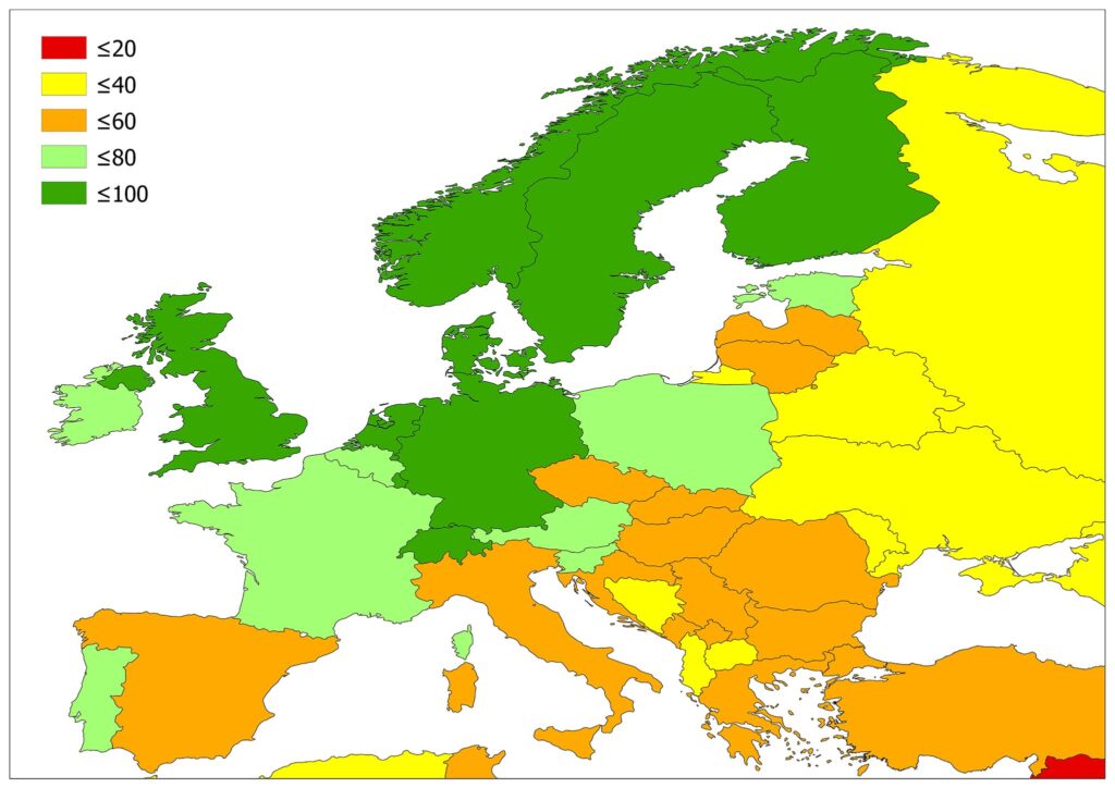 A color-coded map of Europe shows income/GDP per capita levels, with colors representing different income ranges.