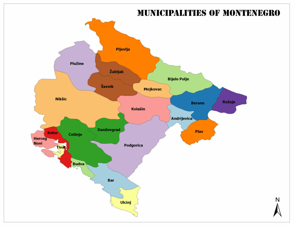 A color-coded map showing the municipalities of Montenegro with labels for each area and a compass indicating the north direction.