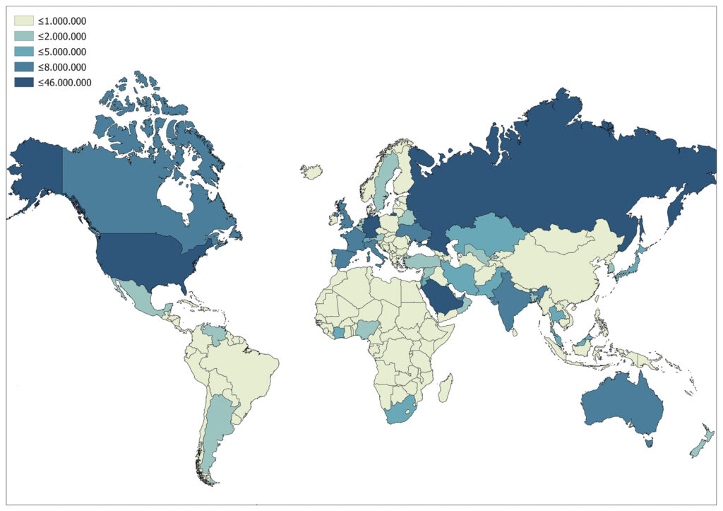 A color-coded world map showing immigration levels, with a legend for immigrant populations by country.