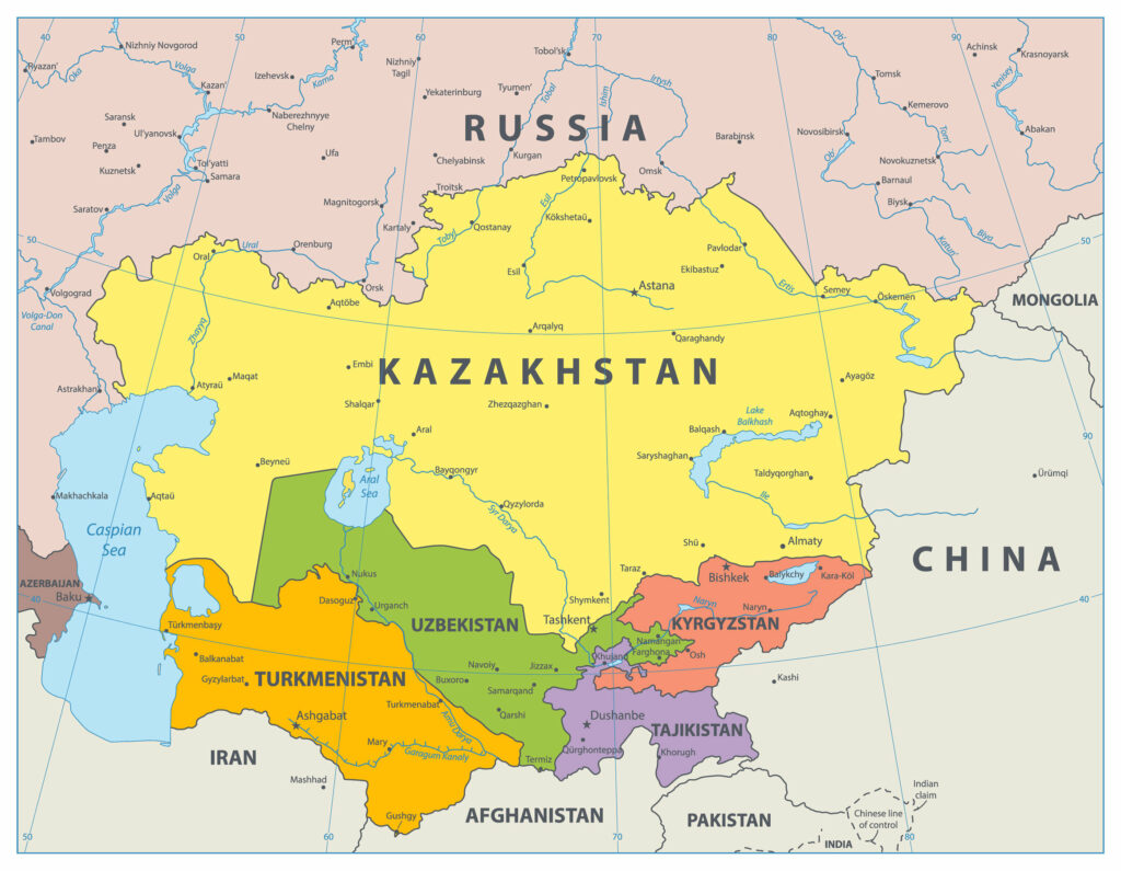 A  political map of Kazakhstan showing its surrounding countries, with Kazakhstan highlighted in yellow.