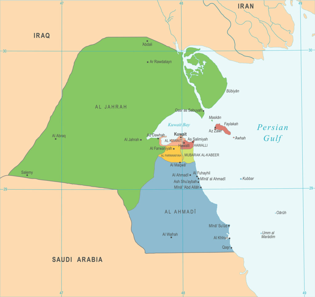 A map of Kuwait showing its borders with Iraq and Saudi Arabia, major cities, and the Persian Gulf.