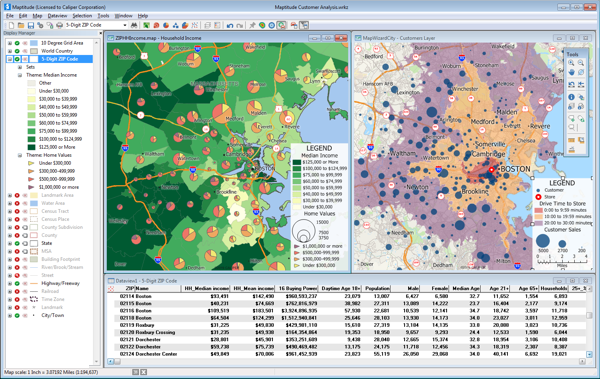 The image is a screenshot of a GIS software, showing two maps, data points, tool panels, and a data table.