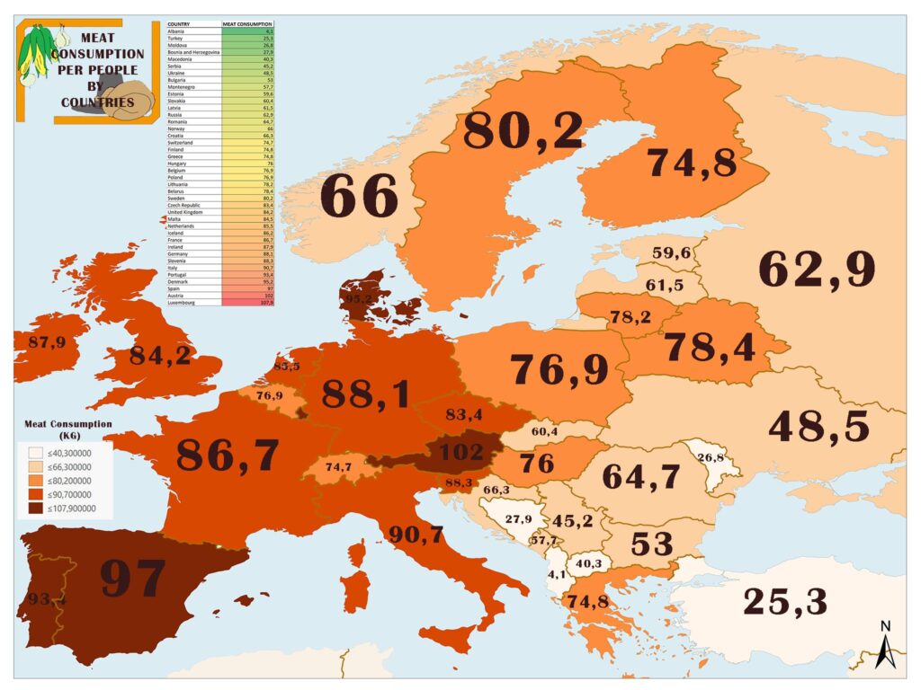 A color map shows yearly meat consumption in kg per person across Europe, with a legend for scale.