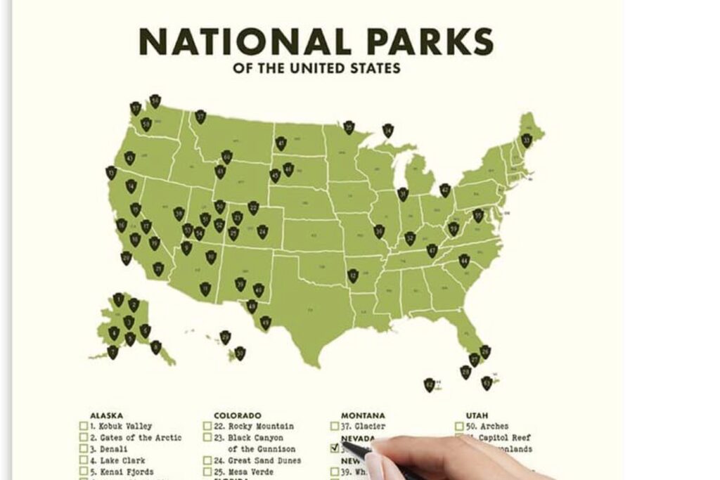 A poster featuring a map of the United States with marked locations of national parks and a list of park names by state on the left side.