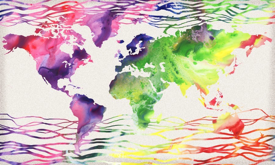 A colorful artistic representation of a world map with a watercolor effect on a metal surface.