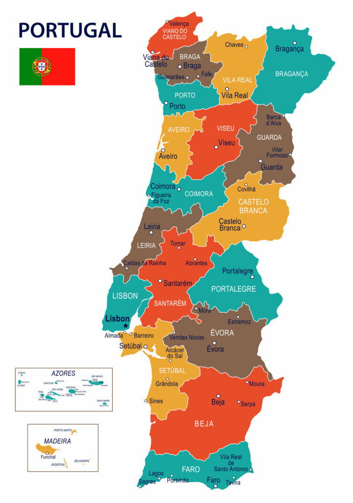 A colorful map showing the regions of Portugal with labels and boundaries, including an inset of the Azores and Madeira islands.