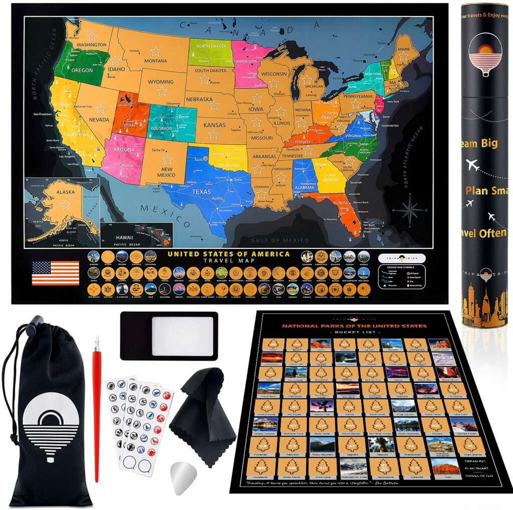 A scratch-off US map featuring national parks comes with a scratch tool, stickers, magnifier, cleaning cloth, and storage bag.