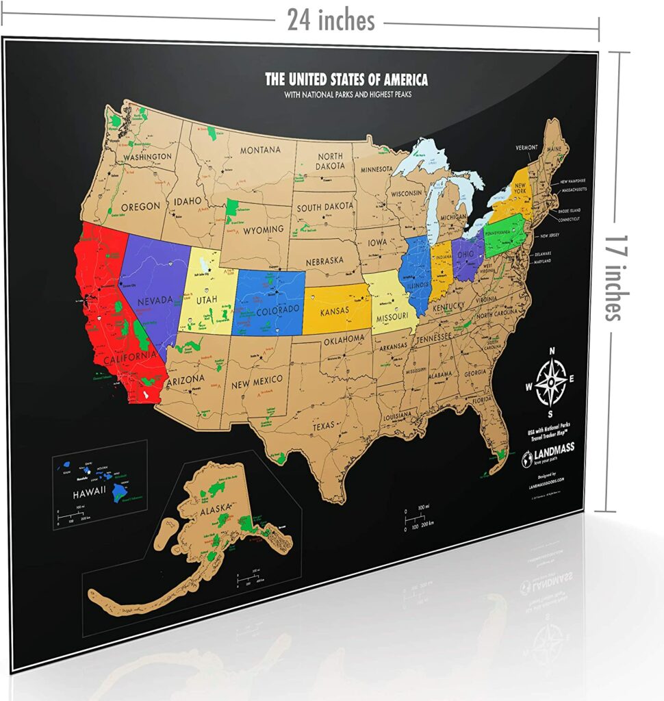 A 24x17 inch scratch-off US map with some states colored, includes a legend, on a white surface/background.