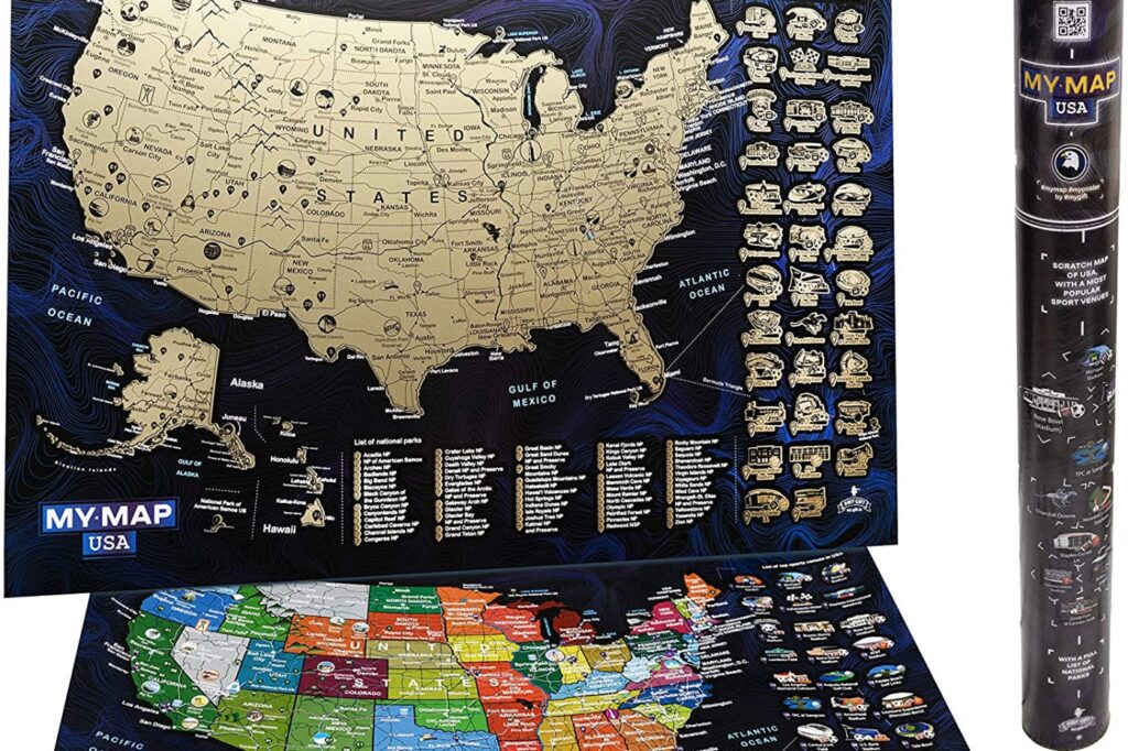 A scratch-off US map with color-coded states, icons of national parks and sports venues, partially scratched to reveal details.