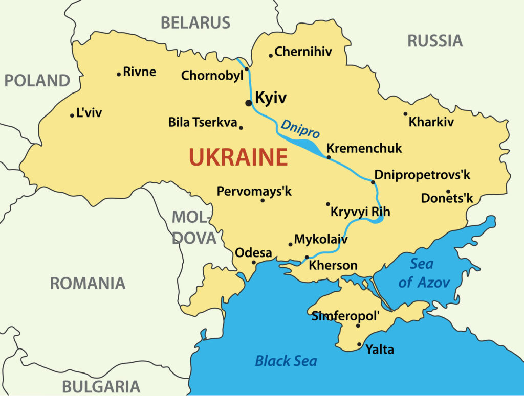 A map of Ukraine highlighting its major cities, borders with neighboring countries, and the Black Sea coastline.