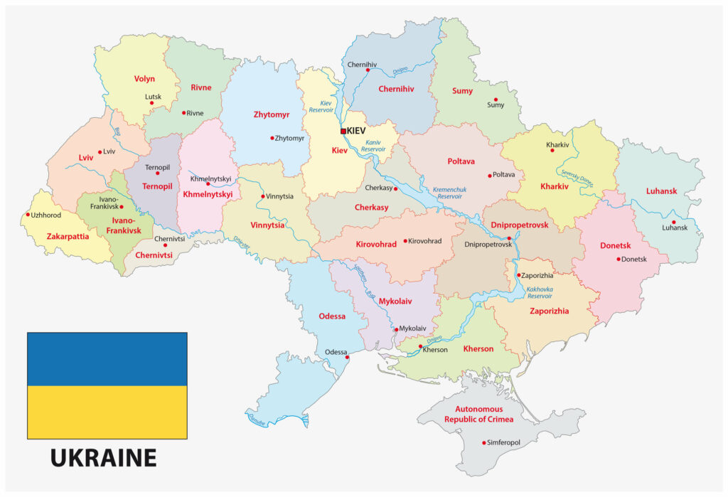 A political map of Ukraine displays regions in distinct colors, major cities, and the national flag.