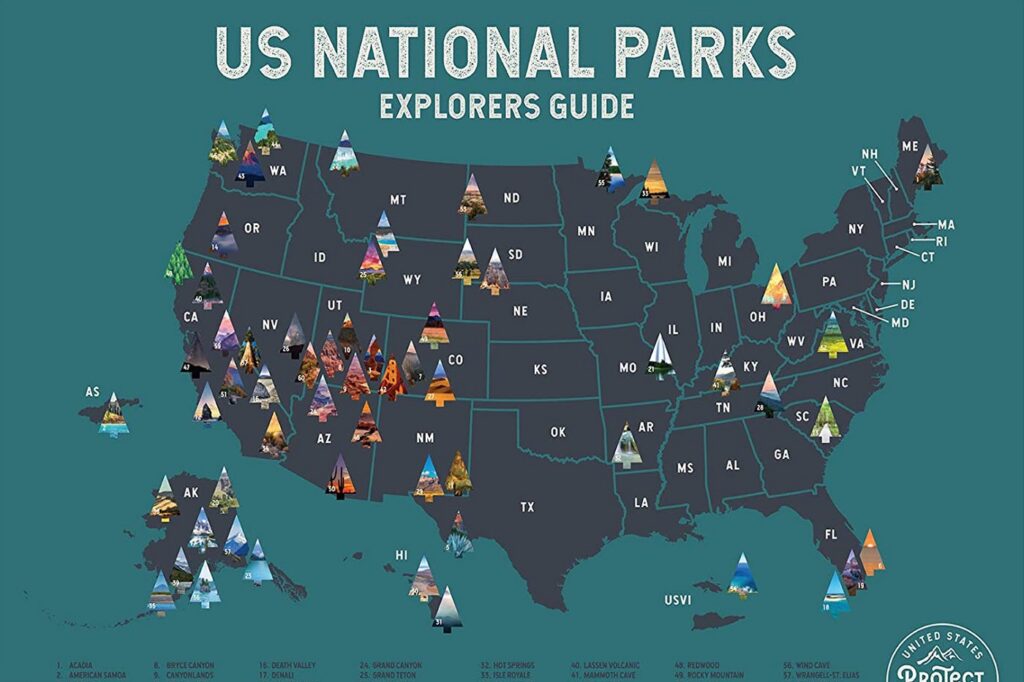 A map depicts the US with icons and numbers marking national parks, titled "US NATIONAL PARKS EXPLORERS GUIDE."