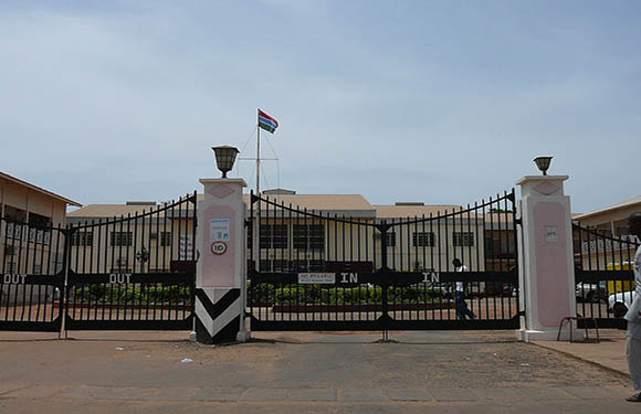 A view of the front gate of the Teaching Hospital in Bansang, Gambia.