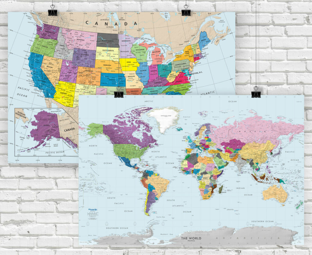 A colorful world map and a detailed map of the USA pinned on a white brick wall.