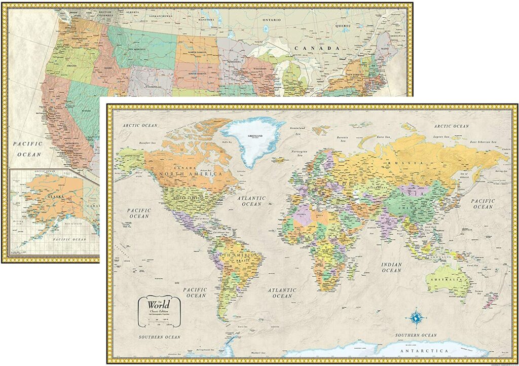 A collage features three world maps of different styles and colors, showing all continents, countries, and geographical features.