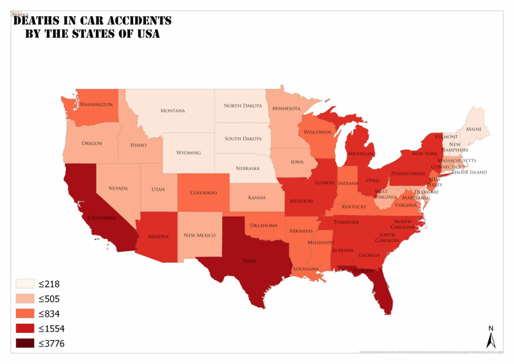 A color-coded map of the United States showing the number of deaths in car accidents by state.