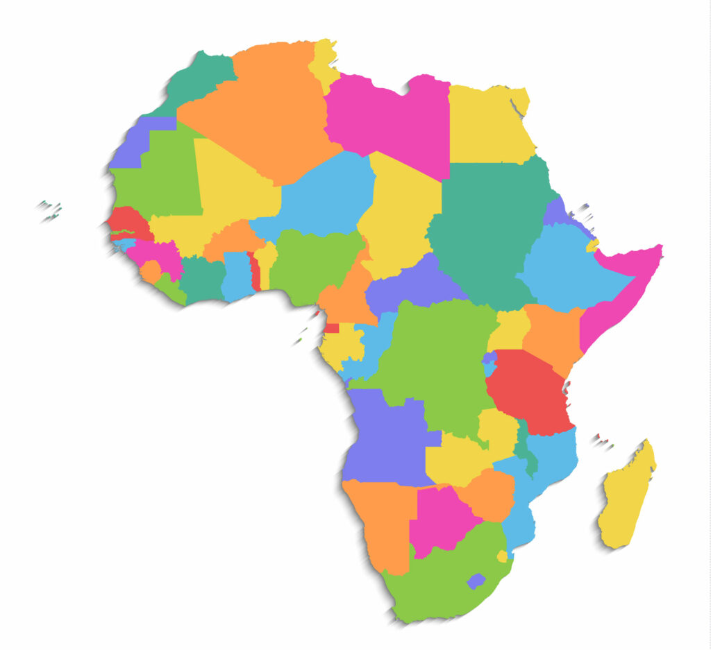 A colorful map of Africa with countries depicted in various colors, without labels or text, on a white background.