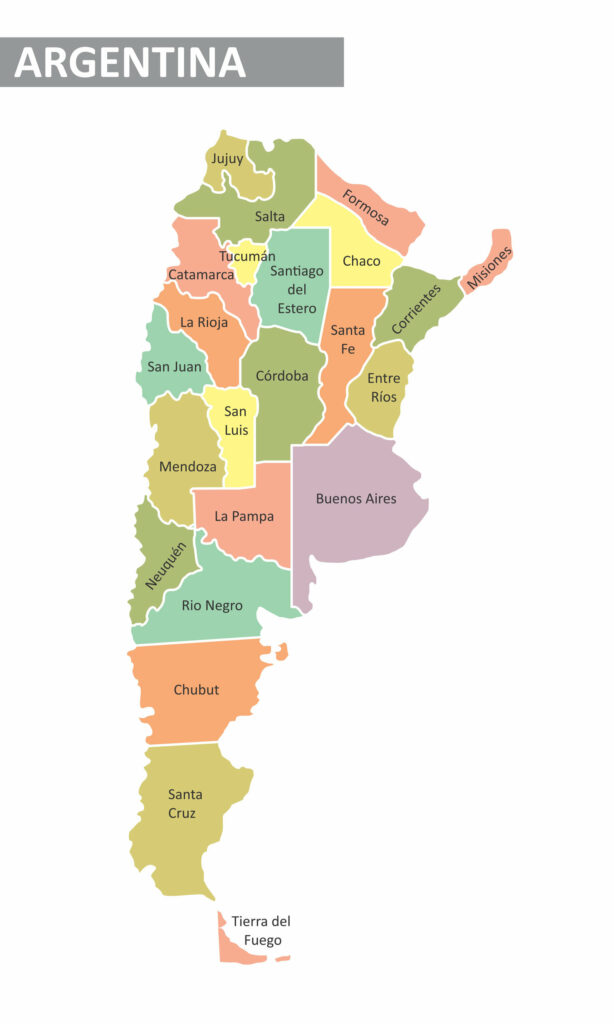 A map of Argentina showing various regions in different colors with labels, and the country's name at the top.