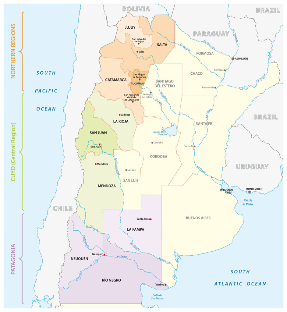 A color-coded map of Argentina, bordered by the Pacific and Atlantic Oceans, and Brazil, Paraguay, and Bolivia.