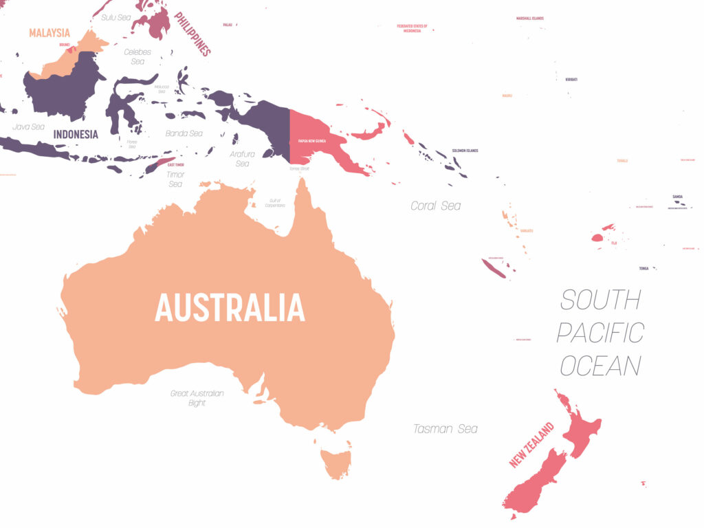 A stylized map showing Australia at the center in a large, bold color with surrounding countries and bodies of water labeled in a minimalist design.