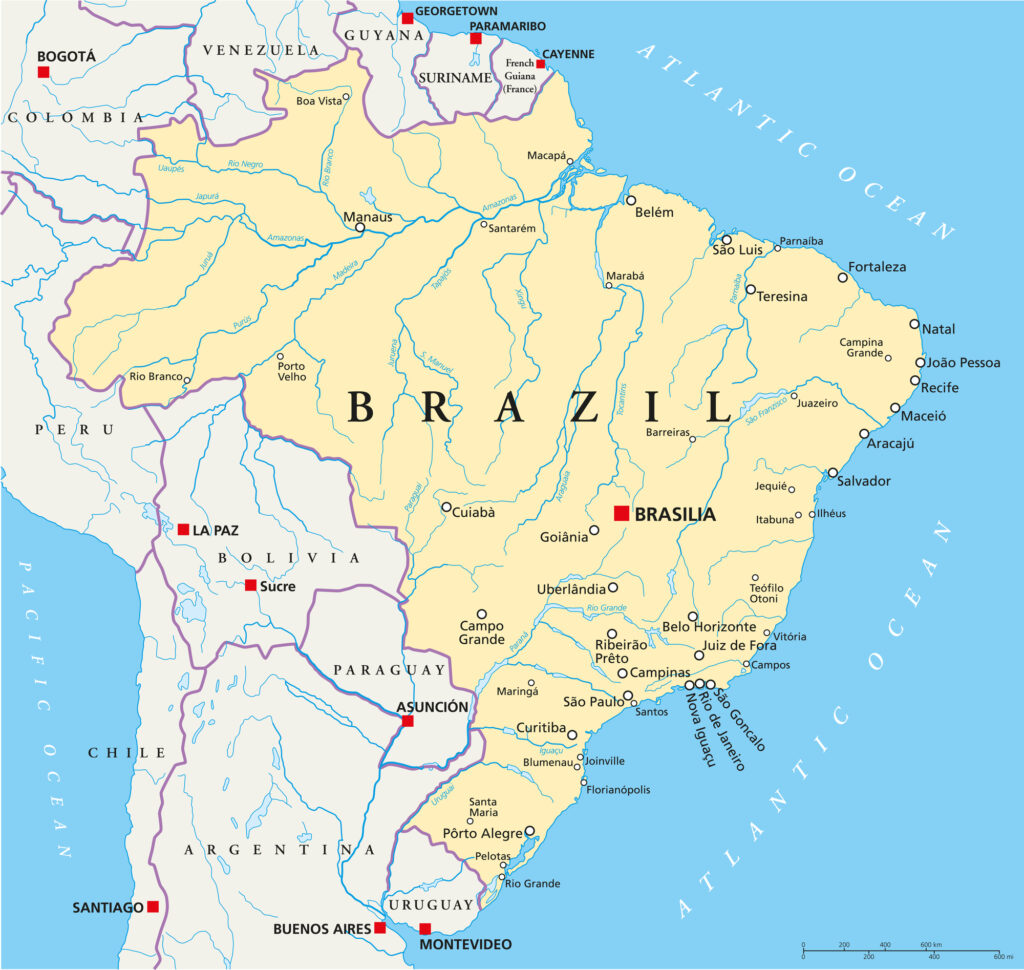 A low-resolution map of Brazil highlighting its major cities, rivers, and neighboring countries.