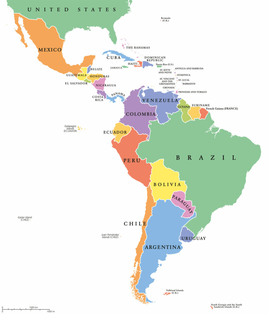 The map displays South America, highlighting Brazil, and parts of North and Central America, with countries color-coded.