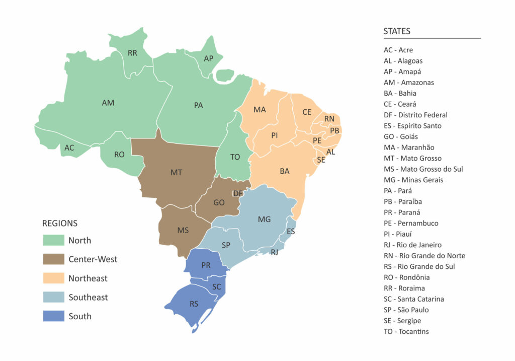 A color-coded map of Brazil showing its regions and states with a legend on the right side listing the abbreviations for each state.