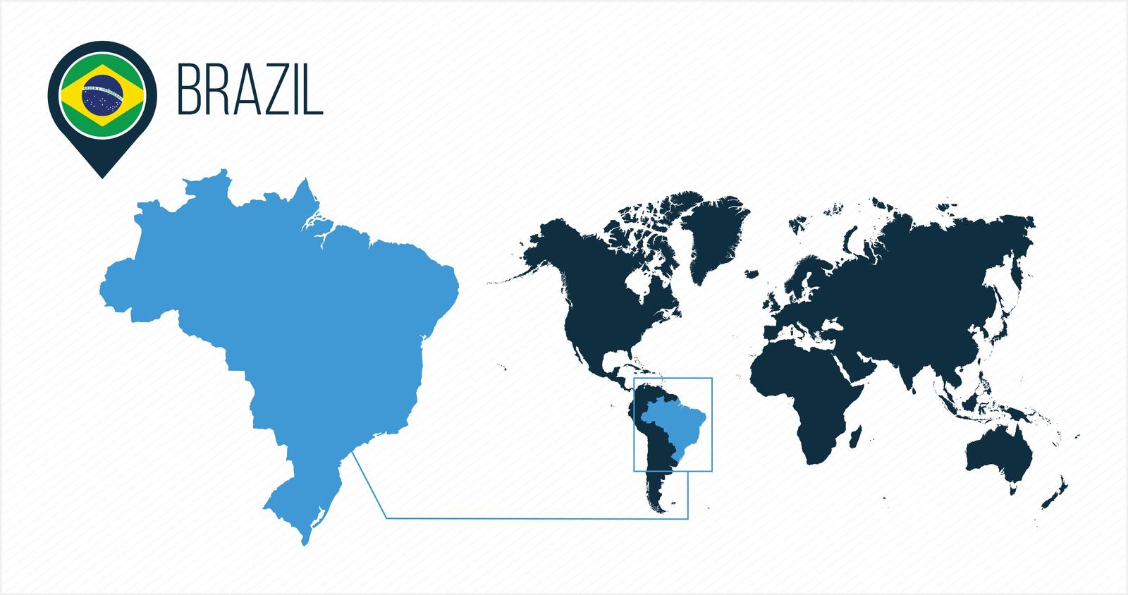 A world map highlights Brazil in blue, with a close-up inset of Brazil, its flag, and the word "BRAZIL" above.