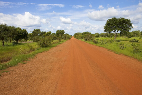 A dirt road stretching into the distance, flanked by green trees and grass under a partly cloudy sky.