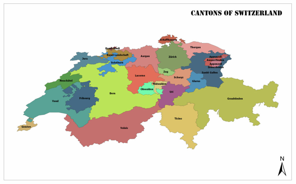 A color-coded map showing the cantons of Switzerland with labels for each canton.