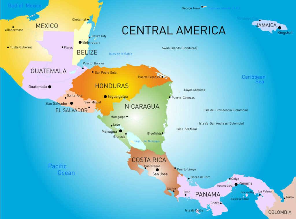 A vibrant map of Central America, displaying countries and borders, set against a blue background symbolizing water.