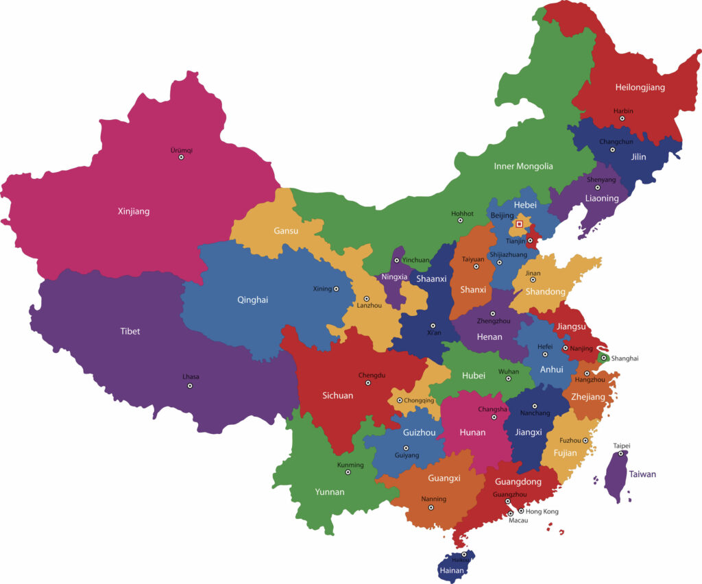 A , colored map of China with its provinces and regions marked in various colors.