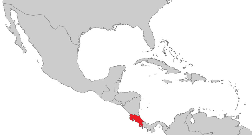 A grayscale map highlighting Costa Rica in red on the Central American isthmus.