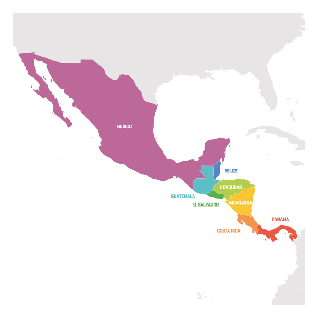 A simplified map showing Costa Rica and its neighboring countries in Central America with each country displayed in a different color.