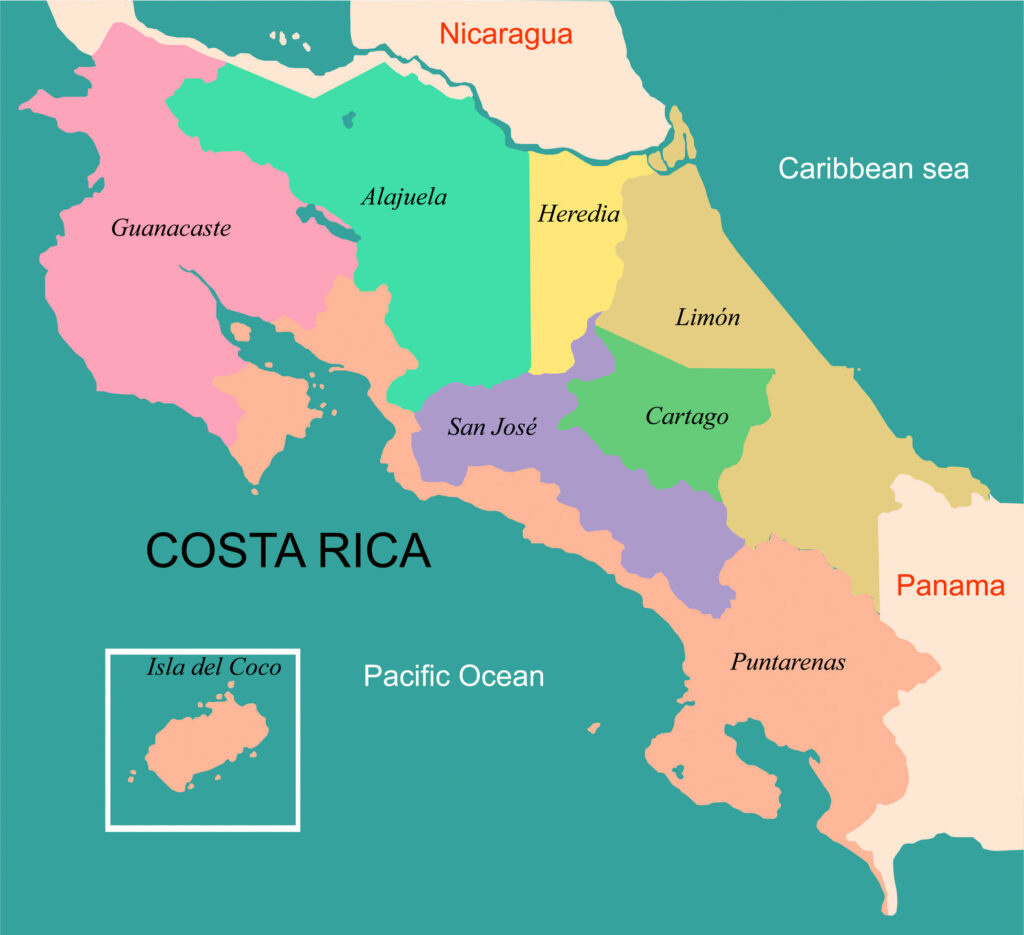 A color-coded map of Costa Rica showing its provinces, with neighboring countries and bodies of water labeled. An inset map shows Isla del Coco.