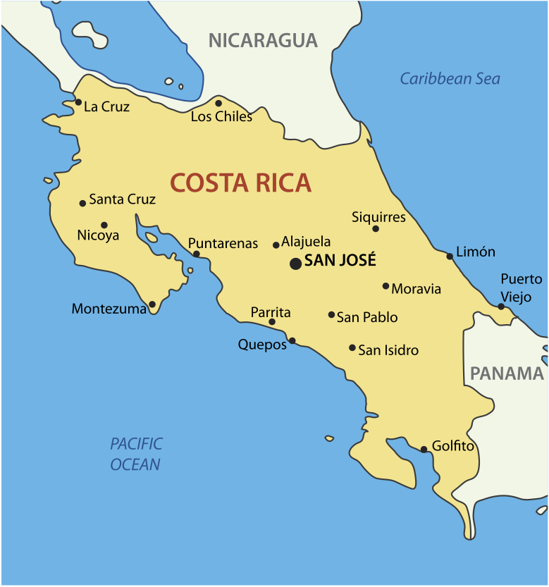 A map shows Costa Rica's capital, San Jose, and other cities. It's bordered by Nicaragua, Panama, the Caribbean Sea, and Pacific Ocean.