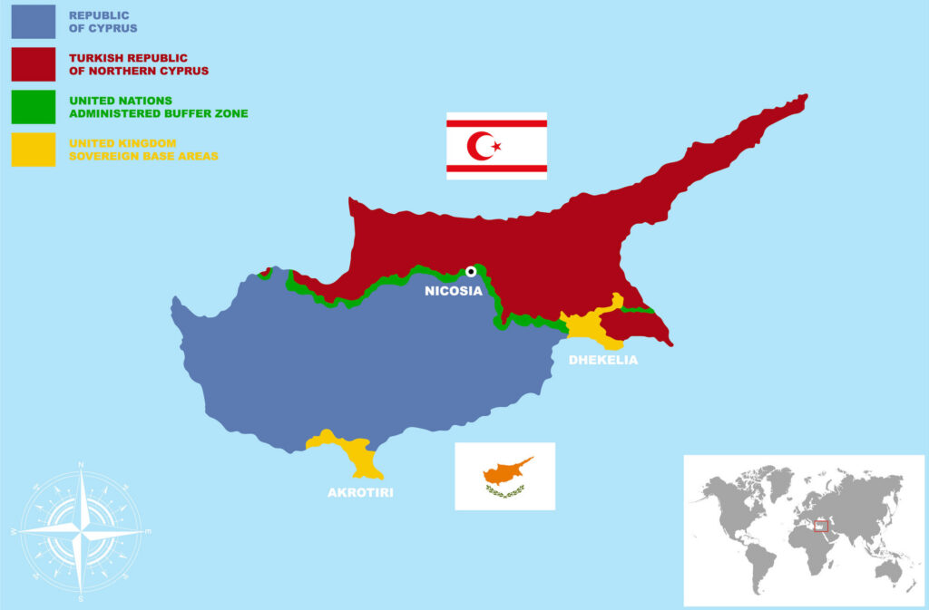 A color-coded map displays divisions of Cyprus, indicating various territories, bases, and a world map inset.