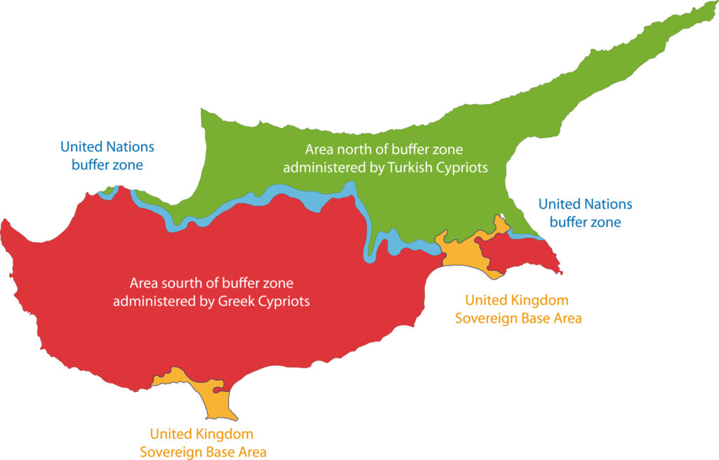 The map of Cyprus is color-coded: green for Turkish Cypriot areas, red for Greek Cypriot areas, yellow for UN buffer zones, and blue for UK bases.