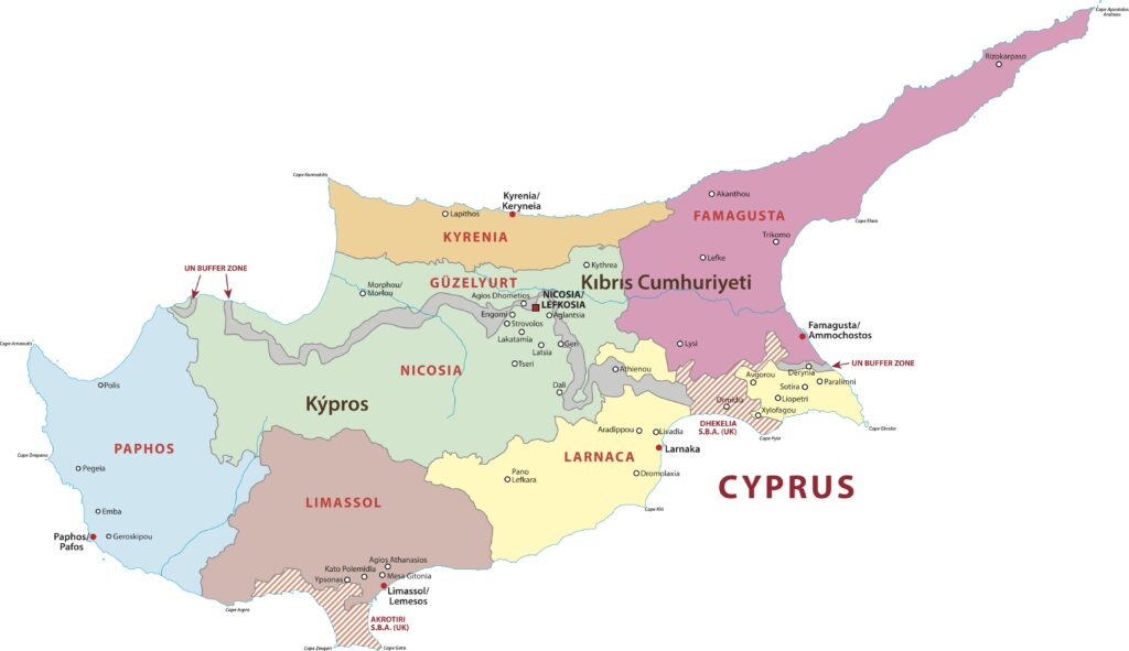 A low-resolution map showing the different regions of Cyprus with various colors and labels.