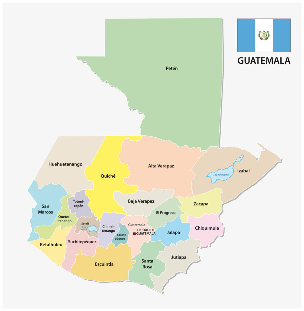 A low-res political map of Guatemala, displaying administrative divisions in different colors, with the national flag and country's name.