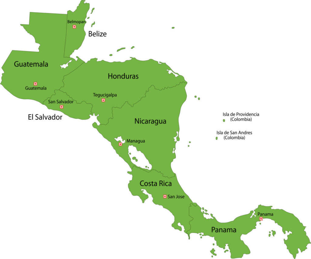 A map highlights Guatemala and shows Central American countries with major cities marked.