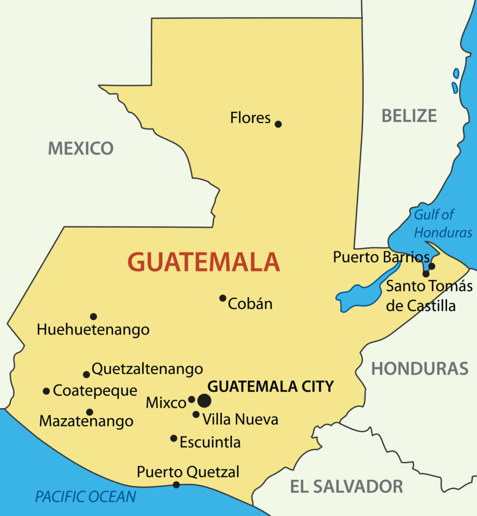 A map displays Guatemala's borders, Pacific Ocean coastline, and cities like Guatemala City, Flores, and Puerto Barrios.